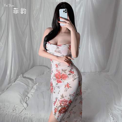 夏季新品~网红亲肤舒适网纱印花荡领不规则裙摆吊带家居服凉快潮