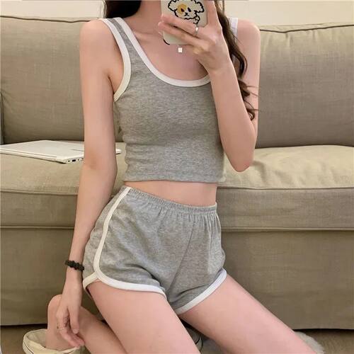 夏季无袖休闲运动套装女韩版时尚居家运动背心短裤瑜珈修身两件套