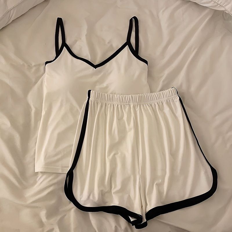 ins韩系亲肤凉感睡衣女夏季吊带背心带胸垫简约薄款套装家居服潮