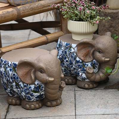 新款大象摆件花园庭院动物换鞋小凳子花盆底座装饰动物仿青花瓷新
