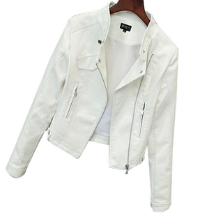机车皮夹克PU短款外套百搭修身显瘦2024春秋新款皮衣白色粉色