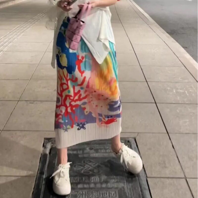 三宅风2024春夏新款花裙半身裙海底世界美人鱼褶皱百褶半身裙