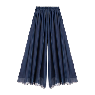 藏青色雪纺大阔腿裤2025夏季新款裙裤大码200斤垂感飘逸半身裙