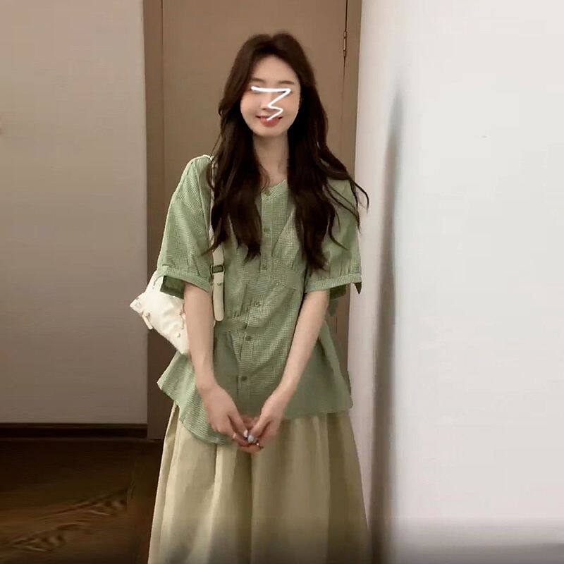 法式绿色短袖衬衫女装202