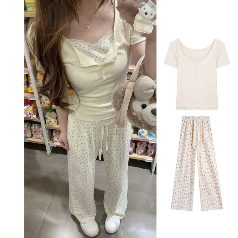 夏季套装女甜系蕾丝假两件拼接碎花长袖小个子高腰宽松碎花阔腿裤