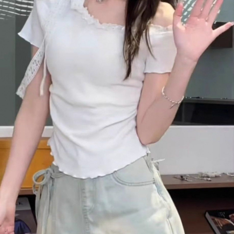 白色蕾丝花边绑带斜肩短袖t恤女夏季法式chic短款木耳边上衣