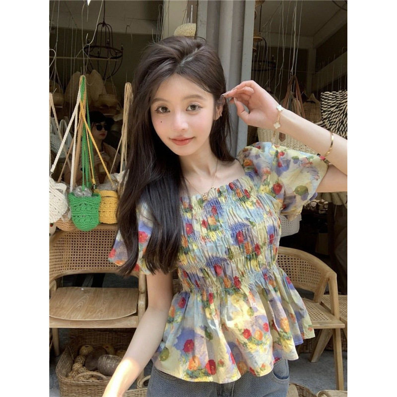 复古油画碎花泡泡袖短袖上衣方领收腰显瘦别致设计感衬衫女