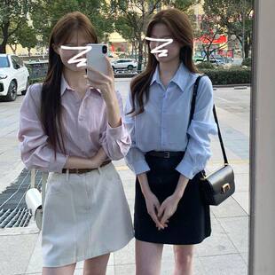 港风chic简约职场穿搭粉色衬衫早春新款宽松长袖女装翻领上衣