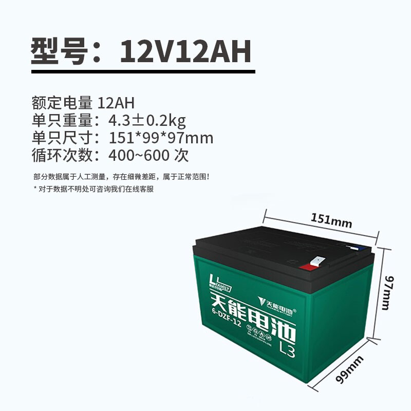 天能电动电瓶车电池单块12Vu12AH铅酸电胶体电池免维护20AH蓄电池
