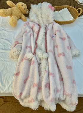 甜美少女HelloKitty睡袍女冬季新款加绒加厚保暖中长款开衫家居服