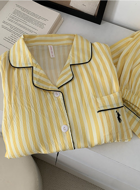 日系简约纯色条纹睡衣女春秋季爆款开衫长袖长裤可外穿家居服套装