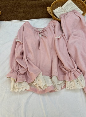 韩版粉绒蕾丝睡衣女秋冬2025新款高定松弛感休闲宽松可外出家居服