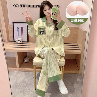 水墨画高级感带胸垫睡衣女款春秋冬季长袖2024年新款一体式家居服