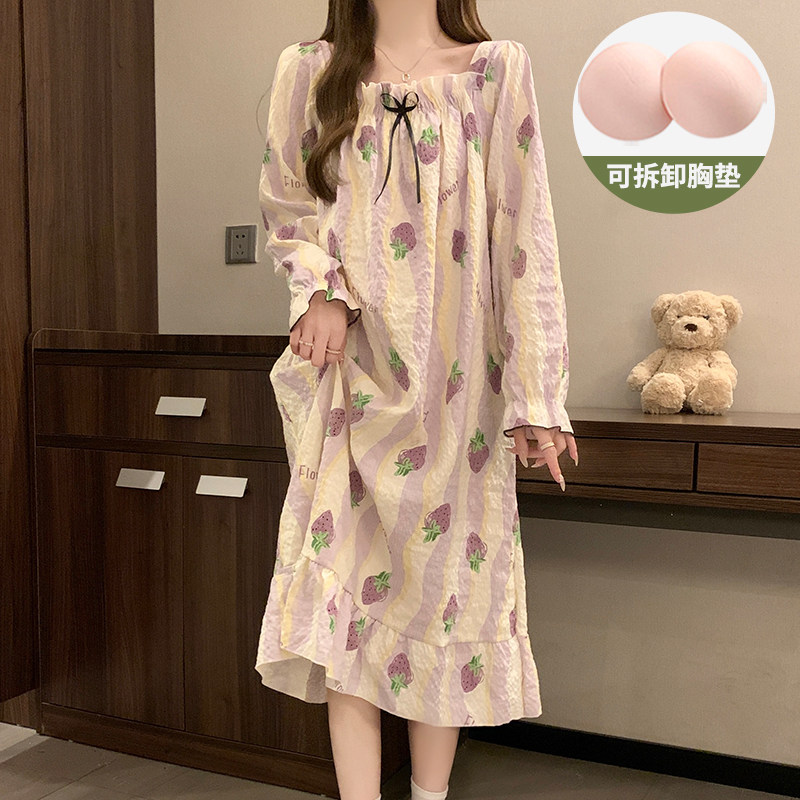 草莓甜美风带胸垫睡裙女款春秋冬季长袖云朵棉2025新款孕妇睡衣裙