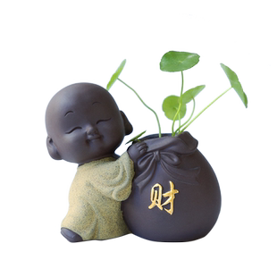 桌面禅意紫砂小和尚水培花盆陶瓷铜钱草绿萝水养植物器皿小花插