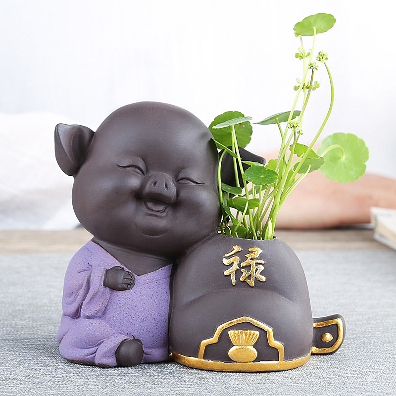 中国风卡通小猪紫砂绿萝铜钱草水培花盆创意个性水养鲜花花器陶瓷