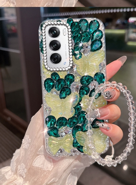 绿色小清新水钻适用OPPOReno12手机壳外壳6PRO女款9保护套A3iplus小众2新品a6gt全包A1活力版镶钻A1防摔A5