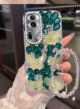 绿色小清新水钻适用OPPOReno11手机壳保护套2外壳7新品5K 防摔 5 +网红镶钻13全包7se高级感6 女款4SE