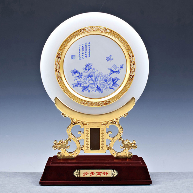 琉璃玉盘子摆件新中式客厅电视柜玄关工艺品摆设定制纪念盘摆件