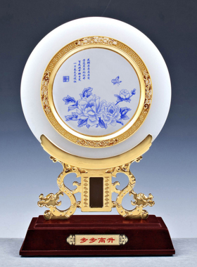 琉璃玉盘子摆件新中式客厅电视柜玄关工艺品摆设定制纪念盘摆件