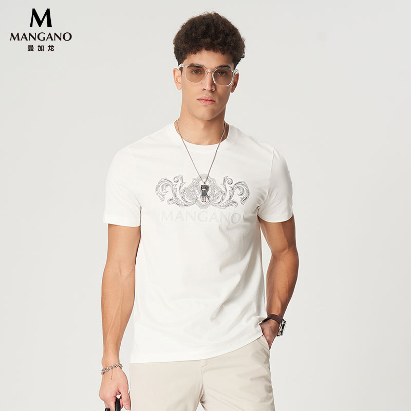 Mangano曼加龙轻奢刺绣烫钻圆领T恤男装2025夏季新品休闲短袖上衣