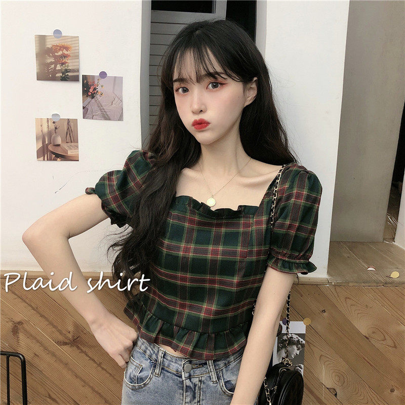 韩国chic复古方领泡泡袖短款格子衬衫女夏季设计感网红露脐上衣女|msdalam kategori Butik wanita / wanita, shirt - dari Buy2taobao.com untuk memberikan perkhidmatan ejen Taobao profesional membeli