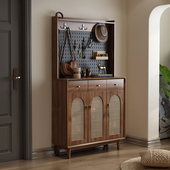 欧雅逸家鞋 柜带挂衣架一体实木家用门口入户玄关柜复古藤编柜收纳