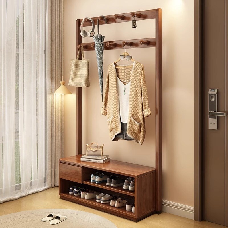 阳漫实木衣架落地卧室进门换鞋凳挂衣架一体门口衣帽架家用试衣架