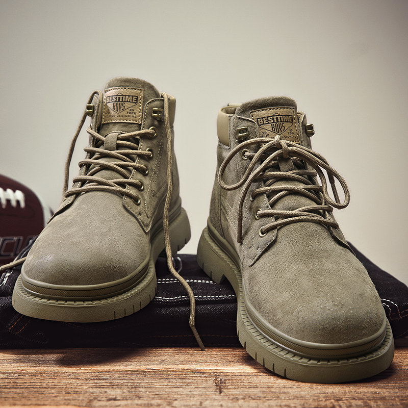 马丁靴男士秋季覆古翻毛皮英伦风高帮大黄靴内增高中帮惠州短靴子