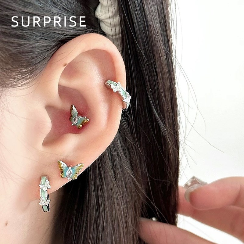 Surprise 999纯银针蝴蝶耳环女2024新款爆款高级V感独特耳圈耳骨