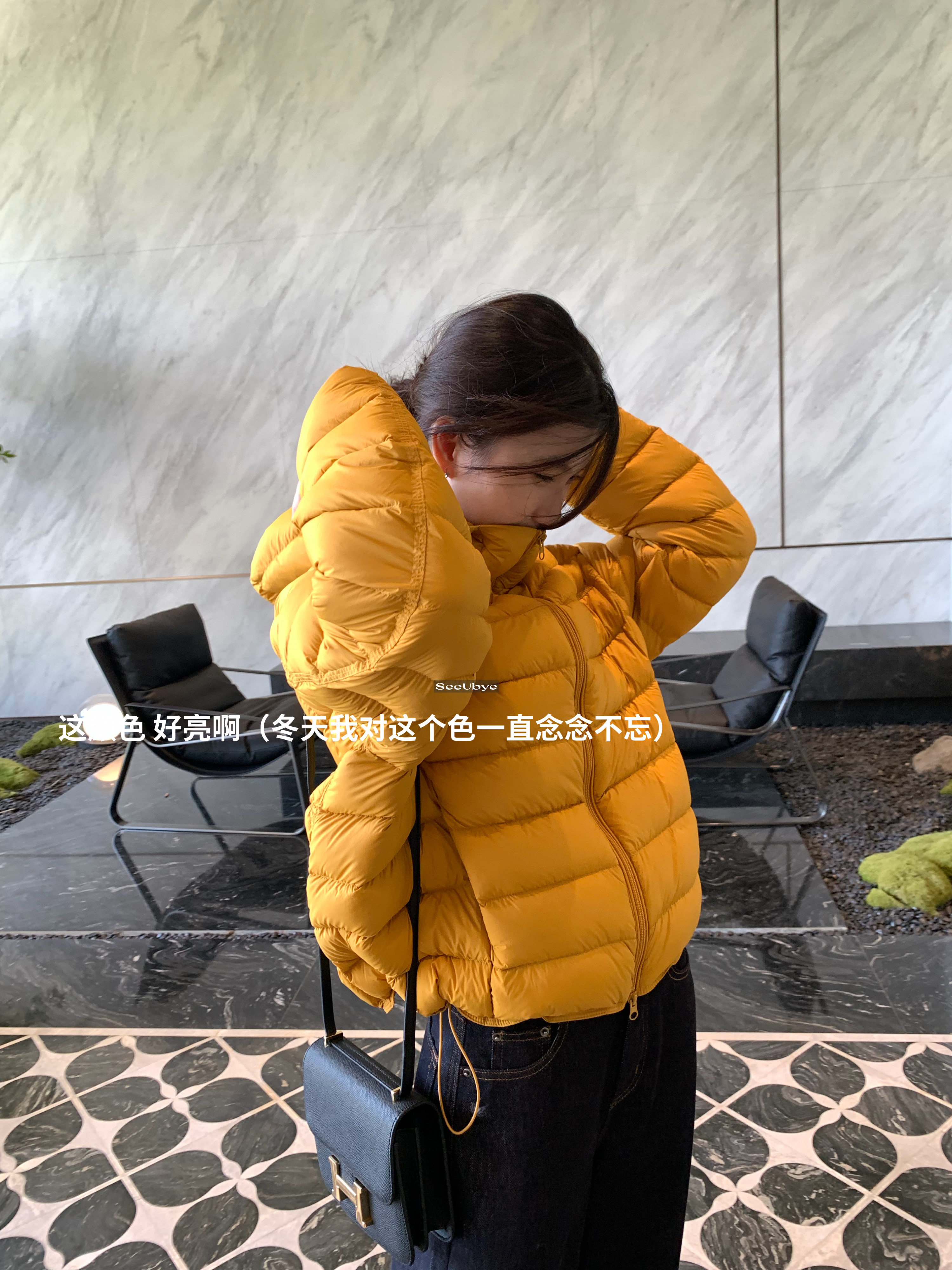 一勺甜seeubye 90白鸭绒姜黄色排骨羽绒服女冬巨好看连帽外套1554