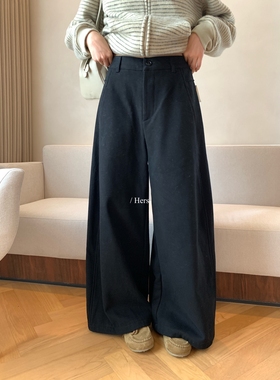 一勺甜 hers经典百搭分割设计加绒黑色休闲裤女2025冬阔腿裤92730
