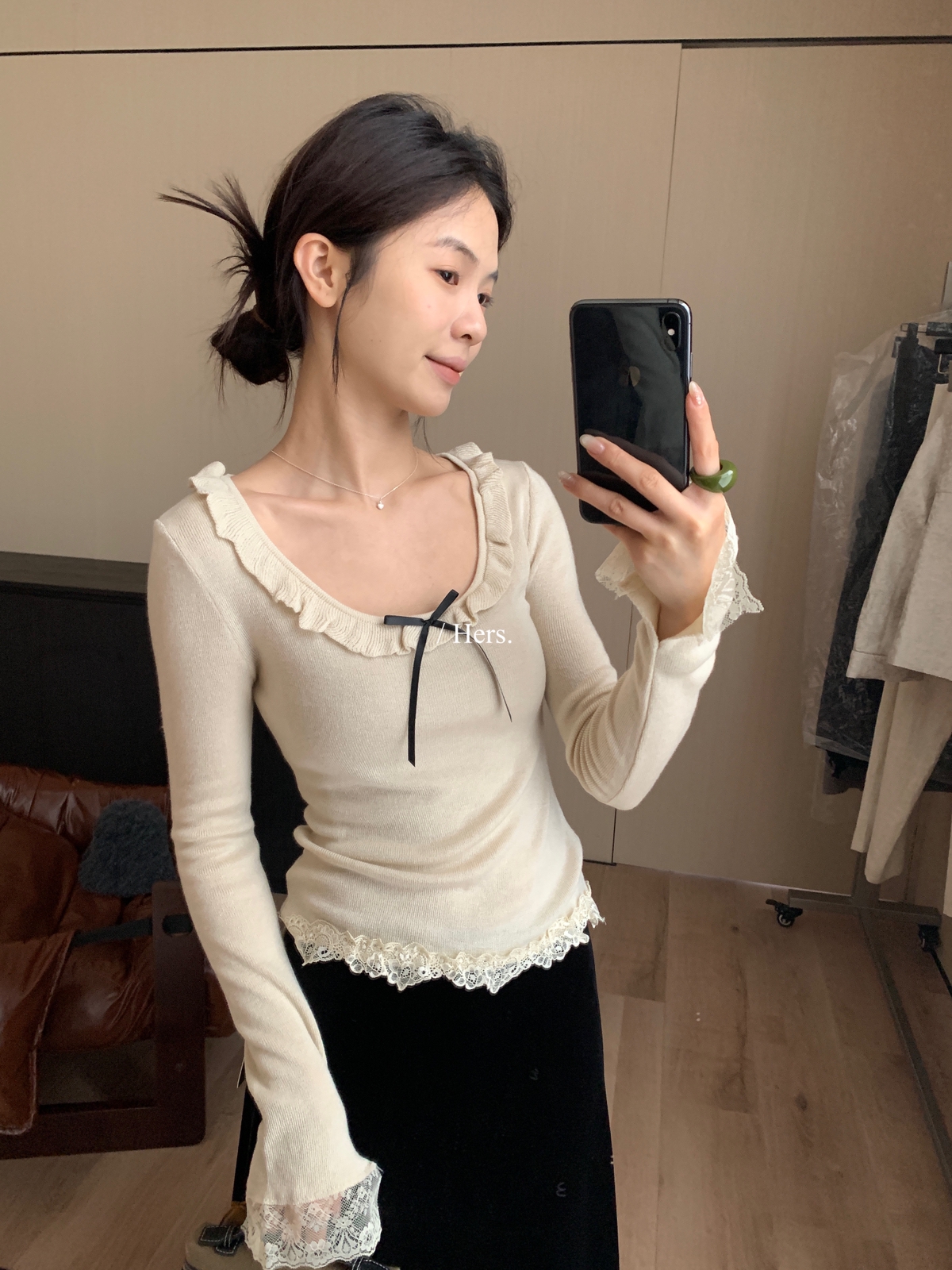 一勺甜 hers蕾丝拼接针织衫女气质小女人波边蝴蝶结领打底衫92421