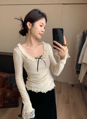 一勺甜 hers蕾丝拼接针织衫女气质小女人波边蝴蝶结领打底衫92421