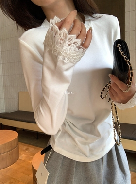 一勺甜 hers磨毛打底衫白色圆领套头长袖T恤女冬保暖打底衫92584