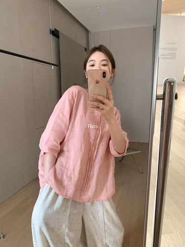 压褶蕾丝拼接后背排扣苎麻小衫