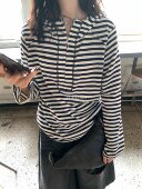 METWO 休闲宽松卫衣 条纹长袖 8849 麻棉半拉链连帽上衣女2025秋季