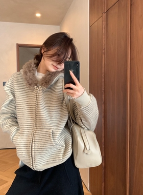 一勺甜 hers加绒加厚条纹毛毛连帽卫衣女2025秋冬慵懒外套92633#