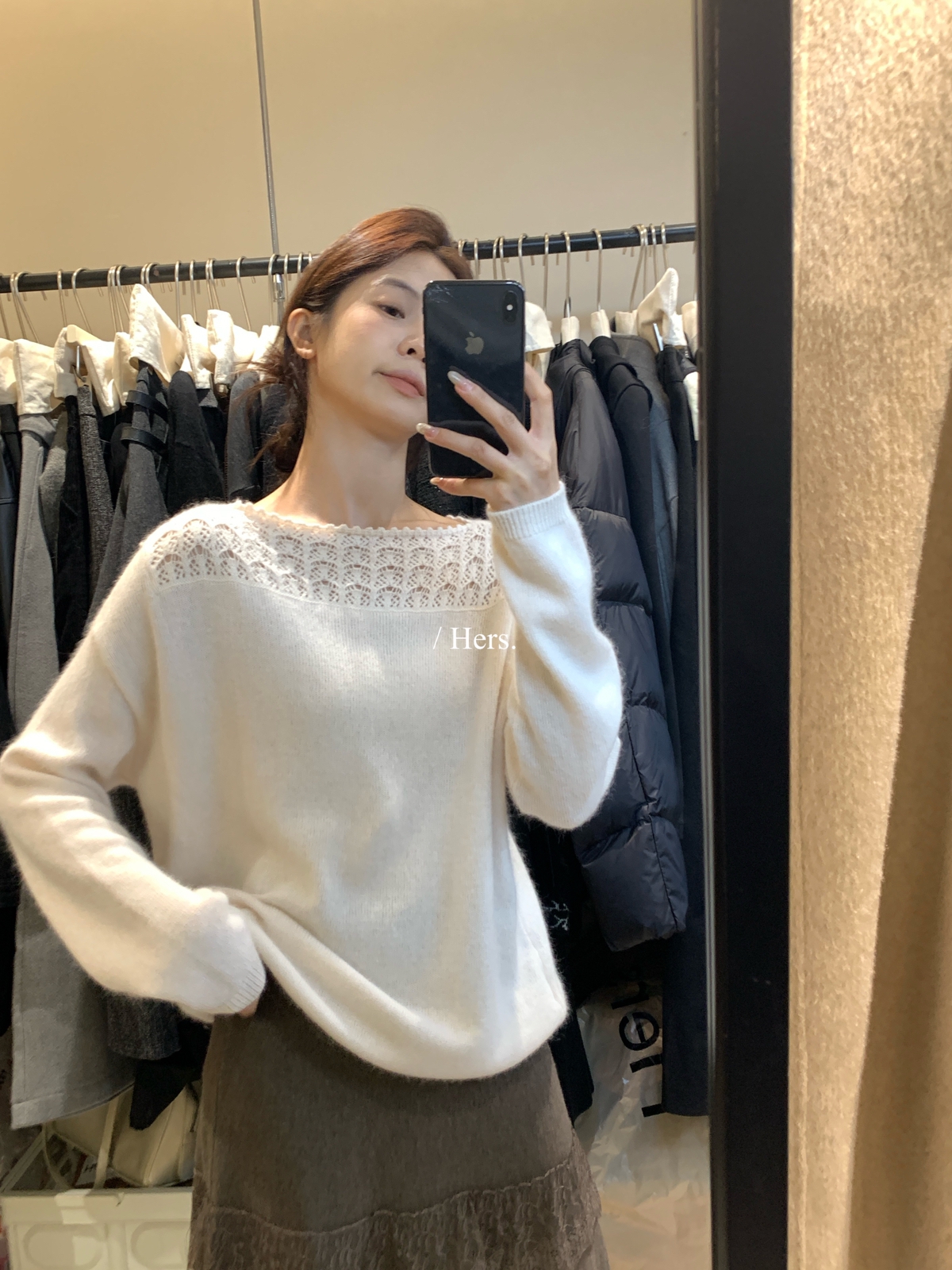 一勺甜 hers蕾丝拼接一字肩小设计感平领奶呼呼保暖毛衣女92579