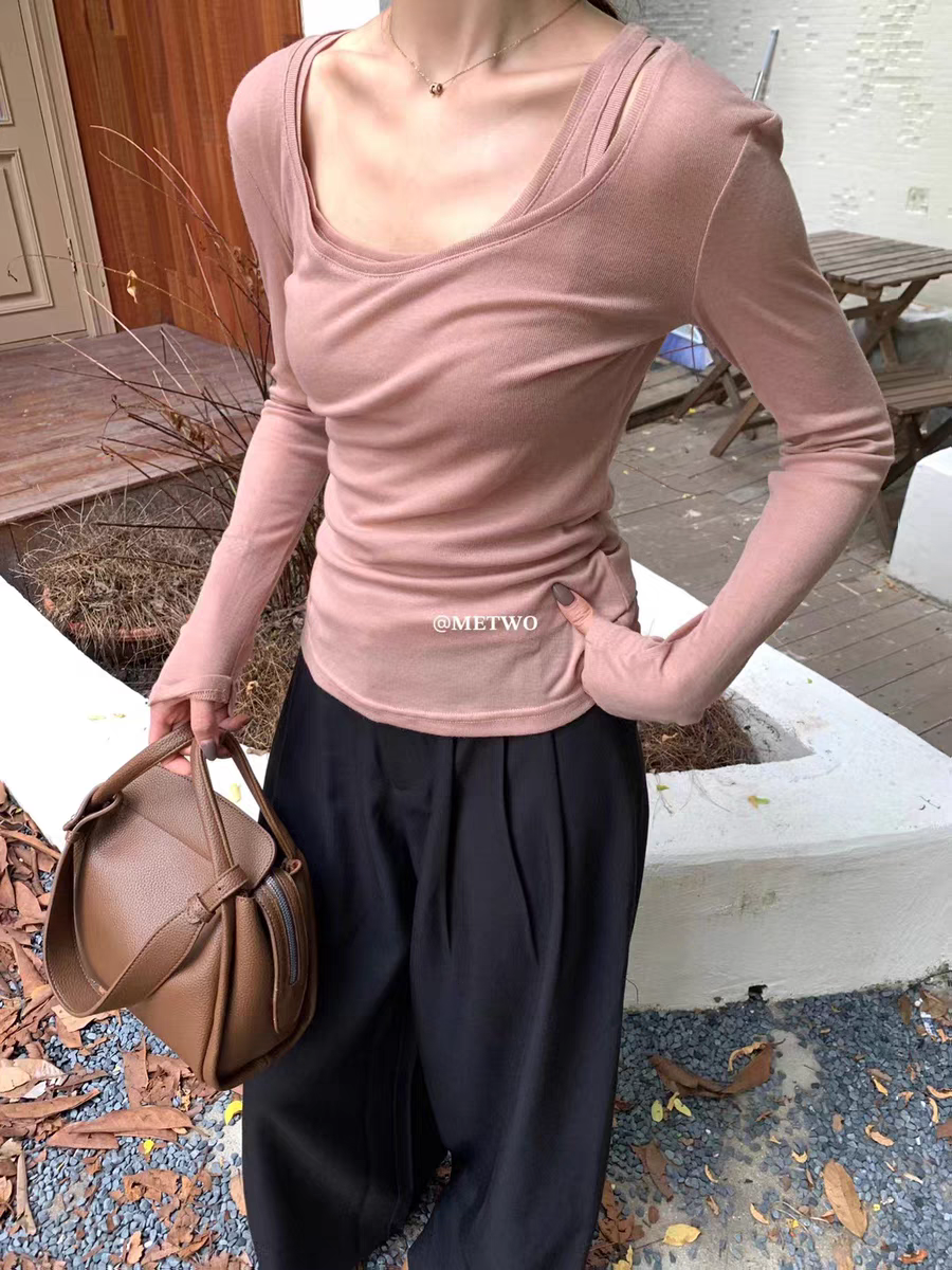METWO真两件粉色纯欲风打底衫女早秋新款长袖u领法式休闲上衣2038