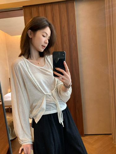 Hers两件套麦穗绑带开衫+背心女