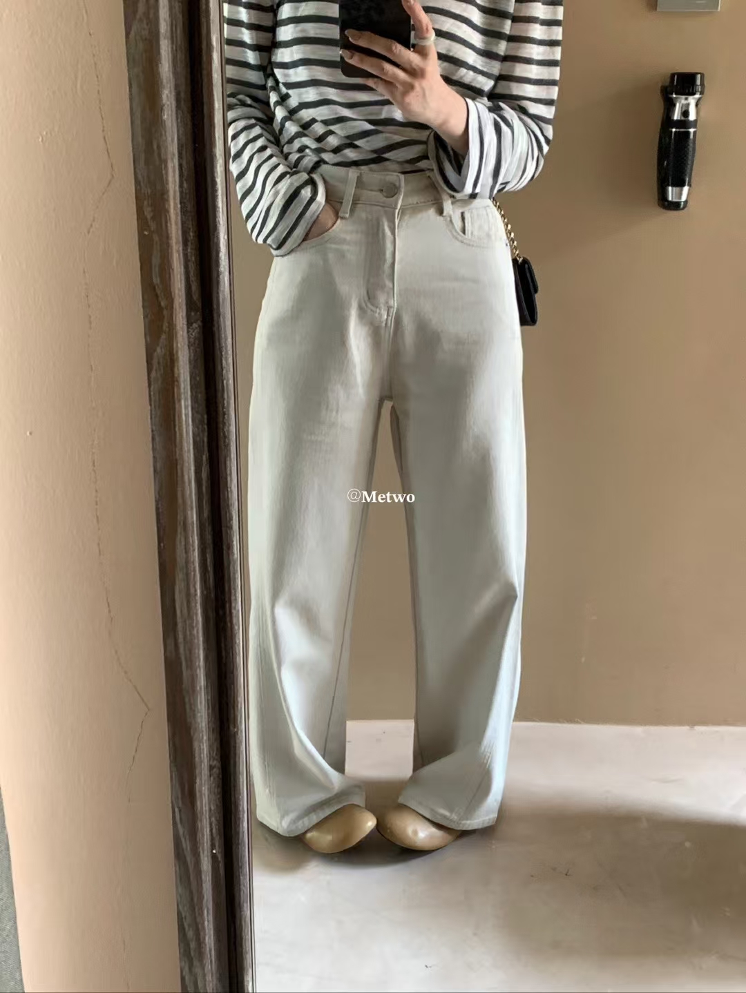 METWO 8630米白色牛仔裤女2025早春新款高腰直筒阔腿裤休闲长裤