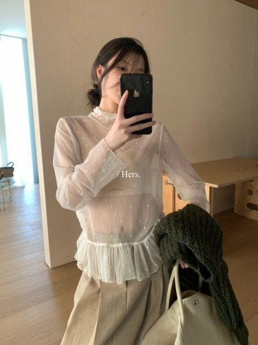 Hers韩系超美爱心波点蕾丝衫女