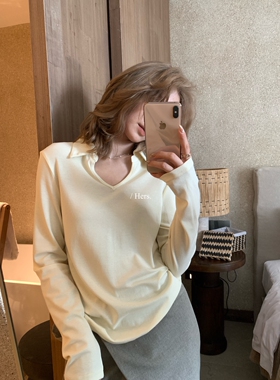 一勺甜【Hers】简约日常通勤百搭V领Polo正肩长袖T恤女80146