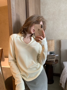 T恤女80146 简约日常通勤百搭V领Polo正肩长袖 一勺甜 Hers