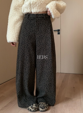 一勺甜 hers复古豹纹加绒加厚设计感休闲裤女2025冬阔腿裤92749
