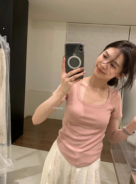 METWO显瘦牛牛tee短袖女 夏季新款小众U领内搭修身短款T恤08310