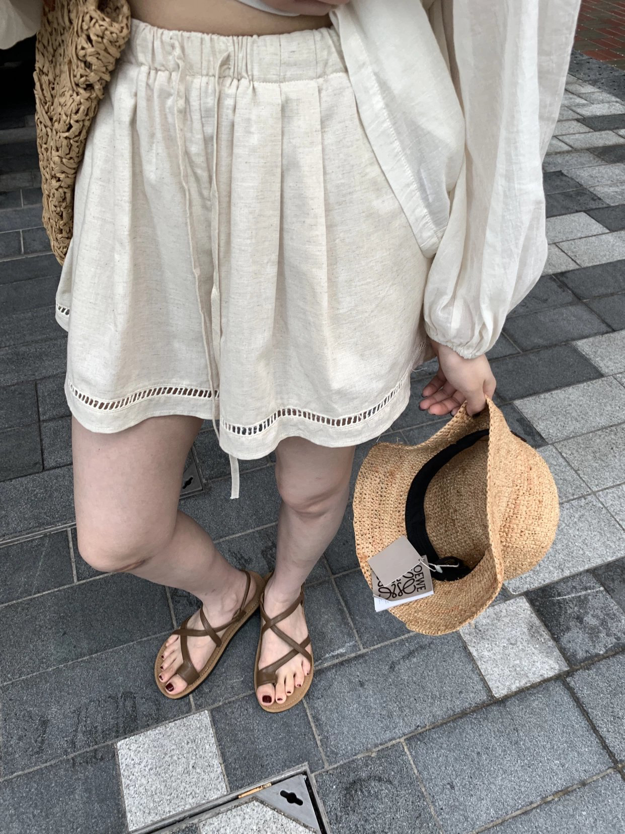 一勺甜日系松紧腰亚麻短裤
