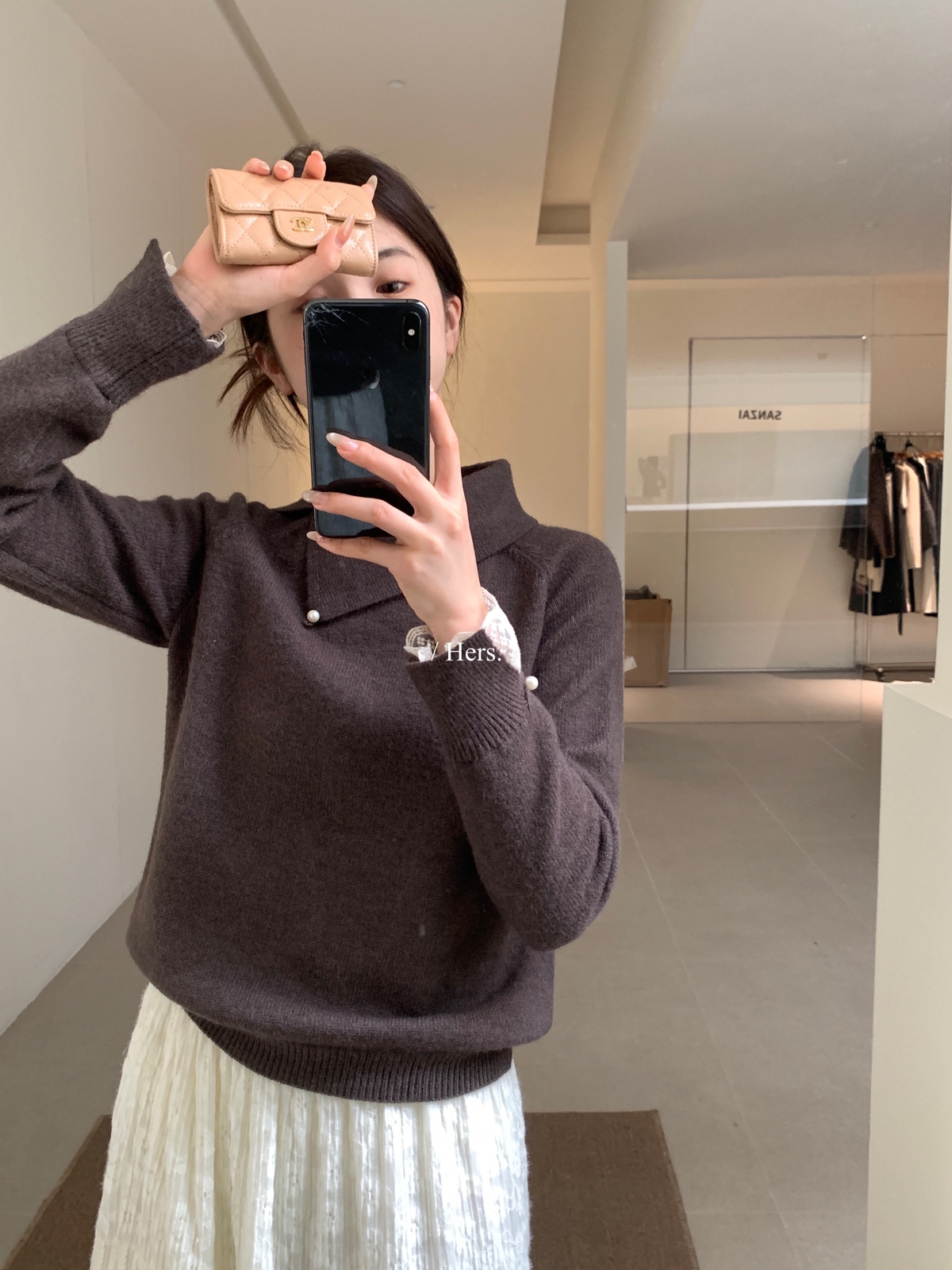 一勺甜 hers蕾丝拼接翻领保暖毛衣女2025秋冬设计感针织上衣92541