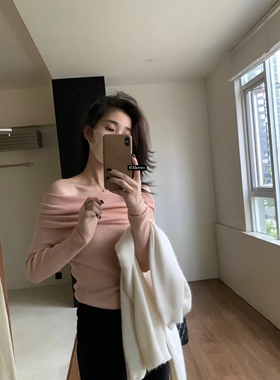 METWO新增色！粉色羊绒一字肩女秋季露肩针织衫显白毛衣上衣2082